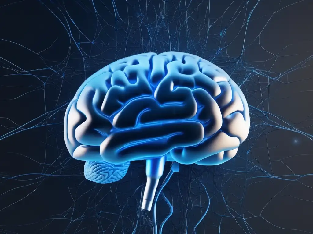 Resiliencia mental: cerebro humano en azul con conexiones neuronales