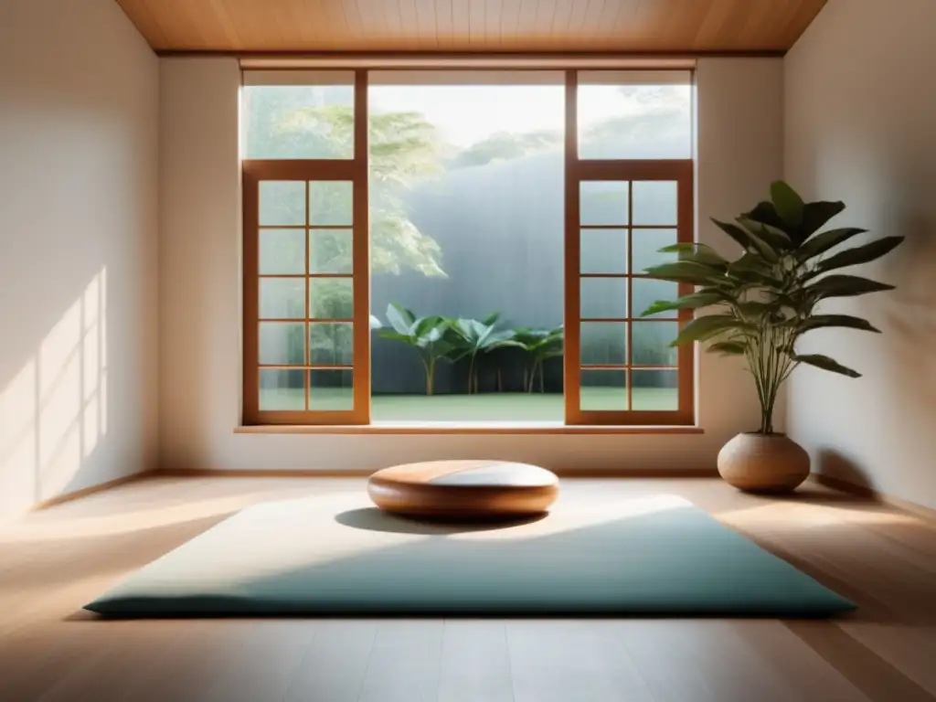 Una sala de meditación minimalista y tranquila con luz natural, muebles sencillos y ambiente relajante