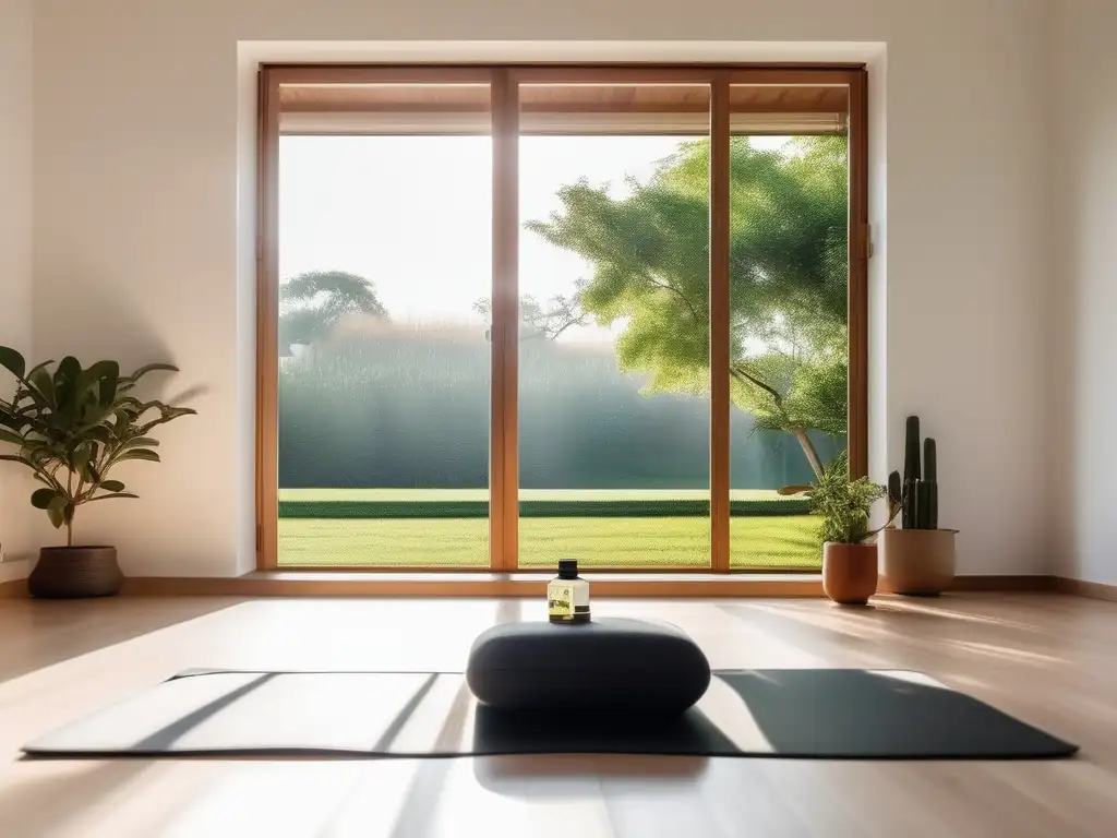 Beneficios del mindfulness en la salud mental: Sereno y acogedor espacio de meditación minimalista con vista a un jardín verde