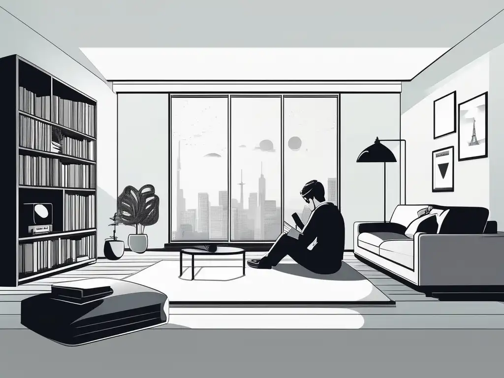 Persona en habitación moderna llena de distracciones, ilustrando lucha contra distracciones internas y externas