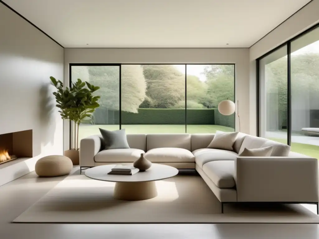 Sala minimalista y ordenada, con luz natural y vista al jardín