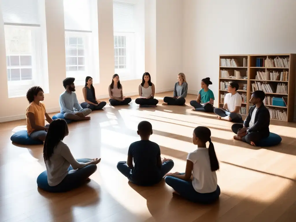 Técnicas de Mindfulness en aula: alumnos practicando en un ambiente sereno y armonioso