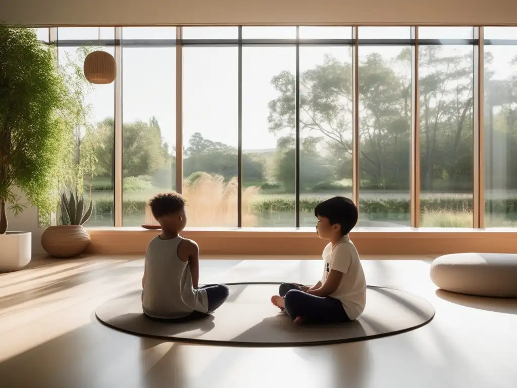 Clase de mindfulness en educación infantil con ambiente tranquilo y niños practicando ejercicios de atención plena