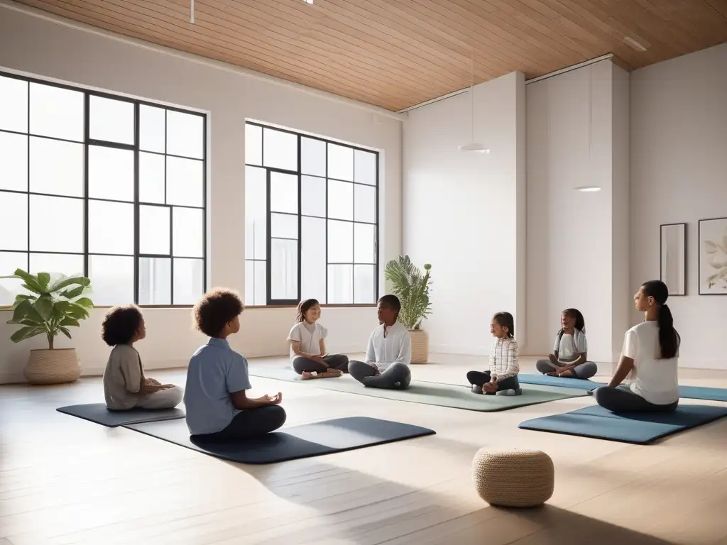 Introducción del mindfulness en educación infantil: Aula serena y minimalista con niños practicando mindfulness