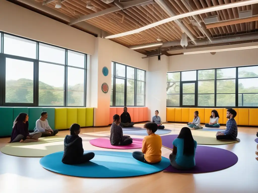 Técnicas de mindfulness para potenciar la creatividad en aula serena con luz natural, arte colorido, estudiantes relajados y profesor guiando