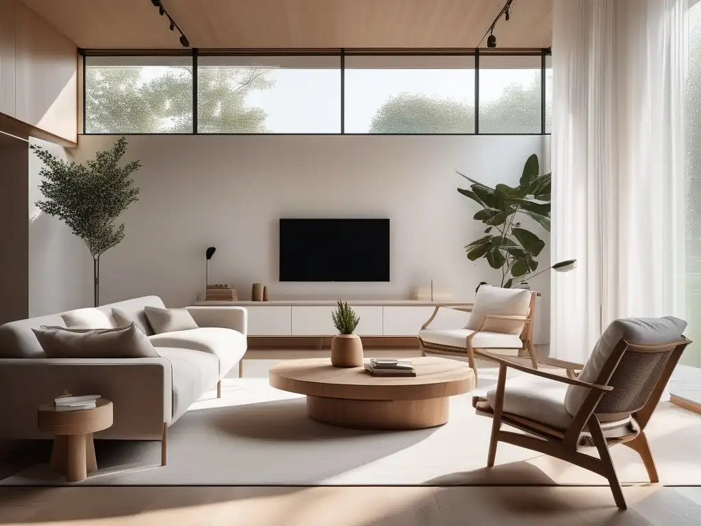 Sala de estar minimalista y serena con luz natural, pisos y paredes de madera clara, cortinas blancas y detalles de mindfulness en Alzheimer