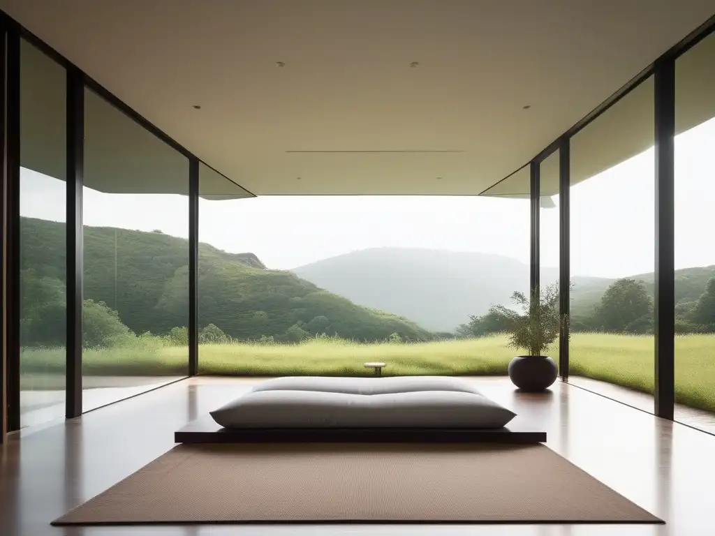 Habitación minimalista con vista a paisaje verde