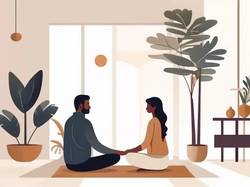 Pareja practicando mindfulness en terapia de pareja, transmitiendo tranquilidad y conexión