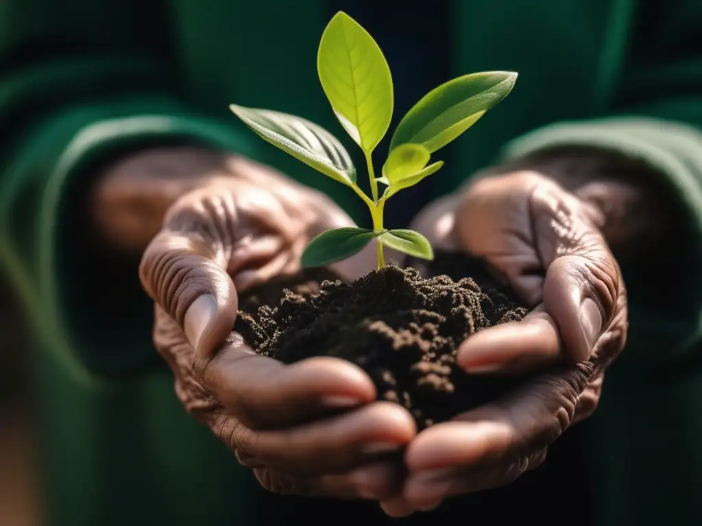 Consejos para mantener salud mental en la vejez: Manos de una persona mayor sosteniendo una planta verde vibrante