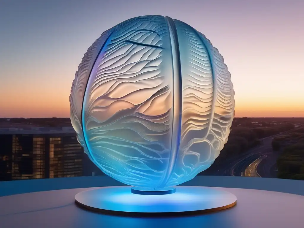 Escultura cerebral de vidrio translúcido con trayectorias neuronales visibles, iluminada por una suave luz difusa