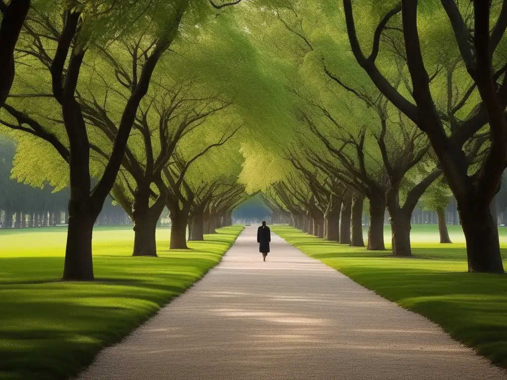 Técnica de meditación andando en un camino arbolado y sereno