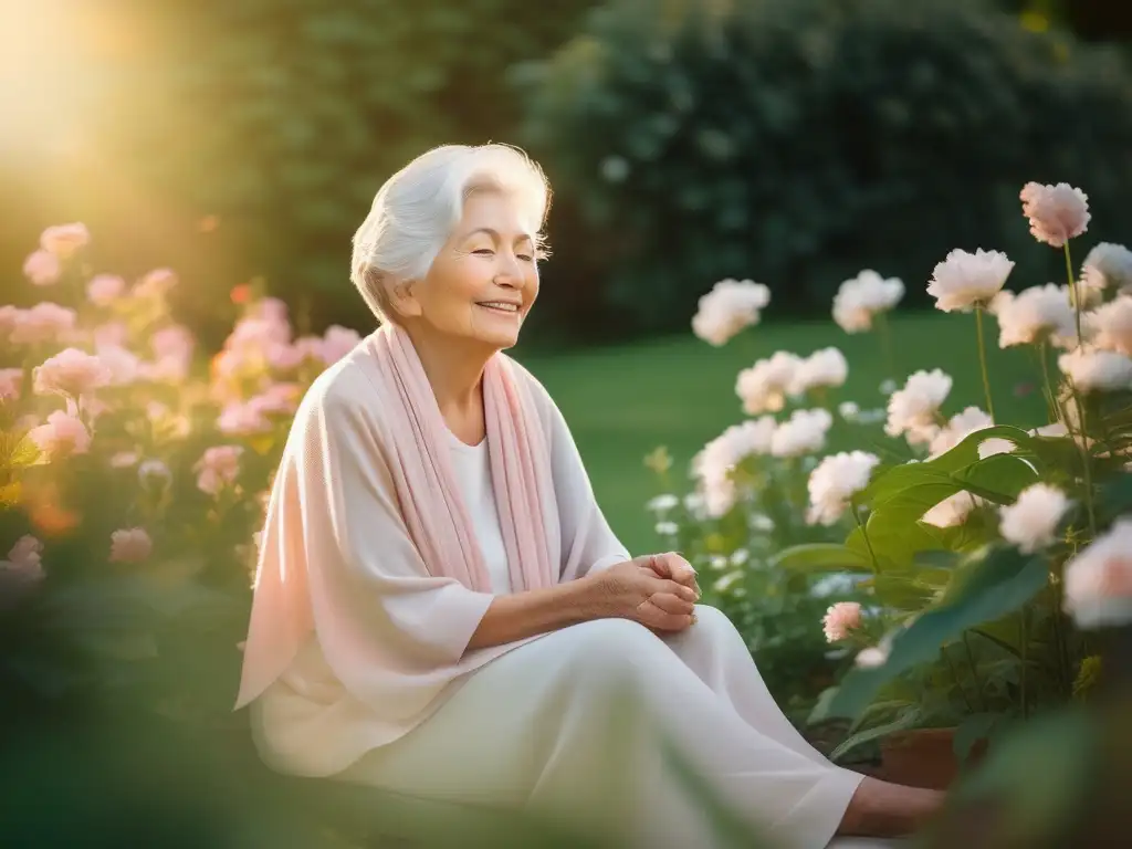 Mujer mayor en jardín tranquilo, rodeada de flores y naturaleza, con shawl pastel