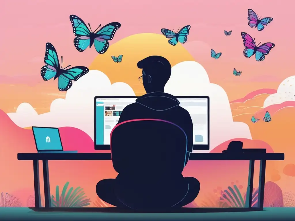 Consejos para mantener la paz mental online: persona en frente de una pantalla, transformando comentarios negativos en mariposas coloridas