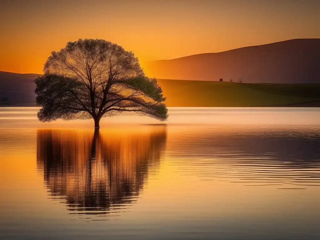 Paisaje sereno con amanecer vibrante reflejado en lago tranquilo