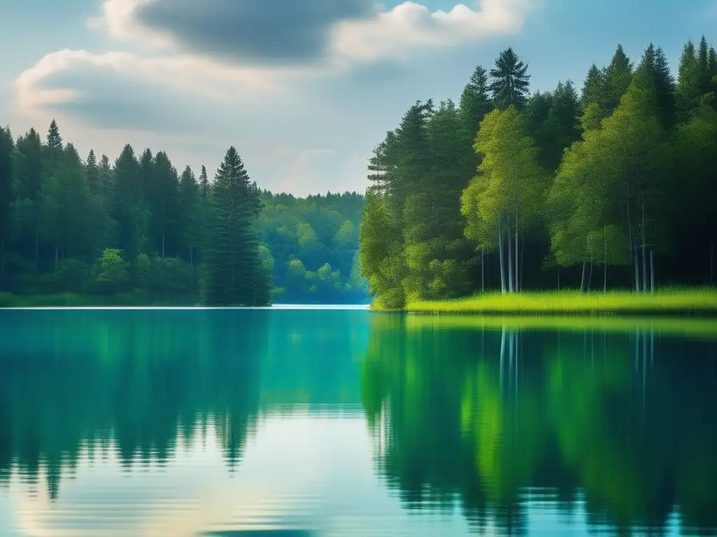 Imagen de naturaleza serena con lago, árboles altos y colores suaves