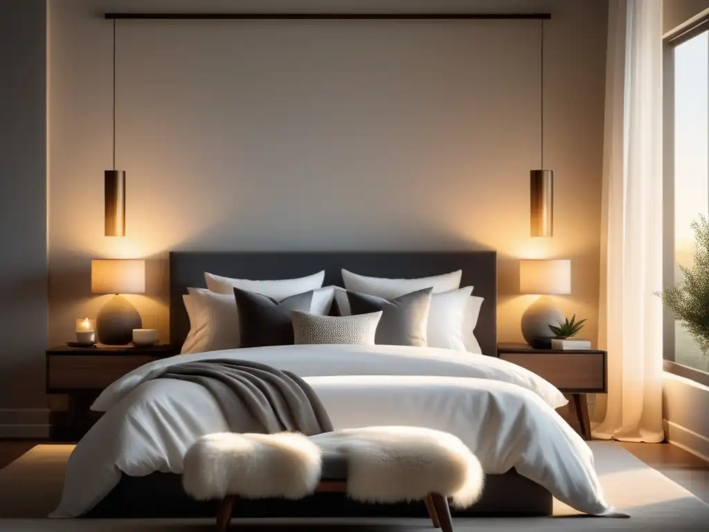 Habitación serena con cama cómoda, ropa de cama blanca y luz suave