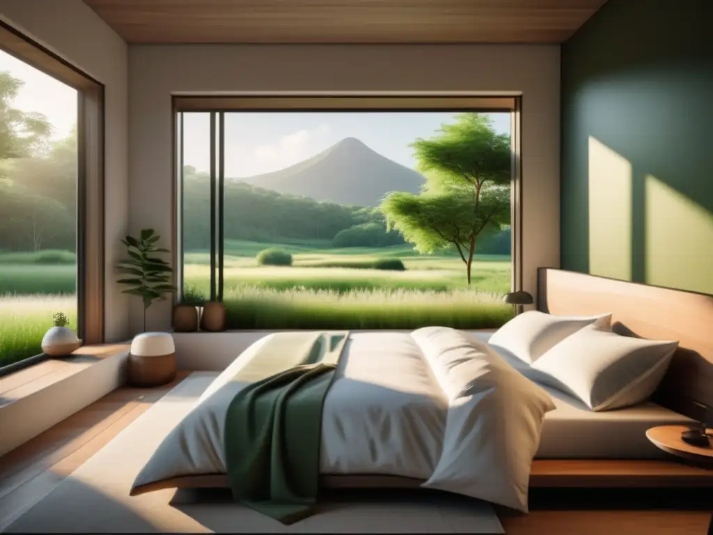 Dormitorio minimalista con ventana y paisaje verde