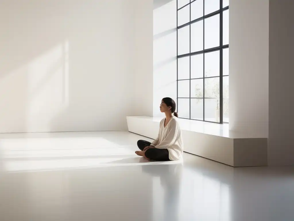 Beneficios del mindfulness para la salud mental: persona en postura meditativa en espacio minimalista y tranquilo