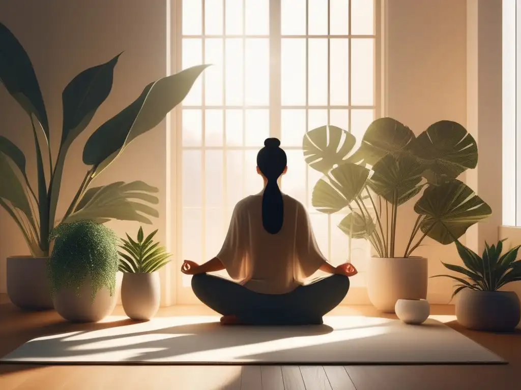 Persona meditando en un espacio tranquilo con plantas y decoración minimalista