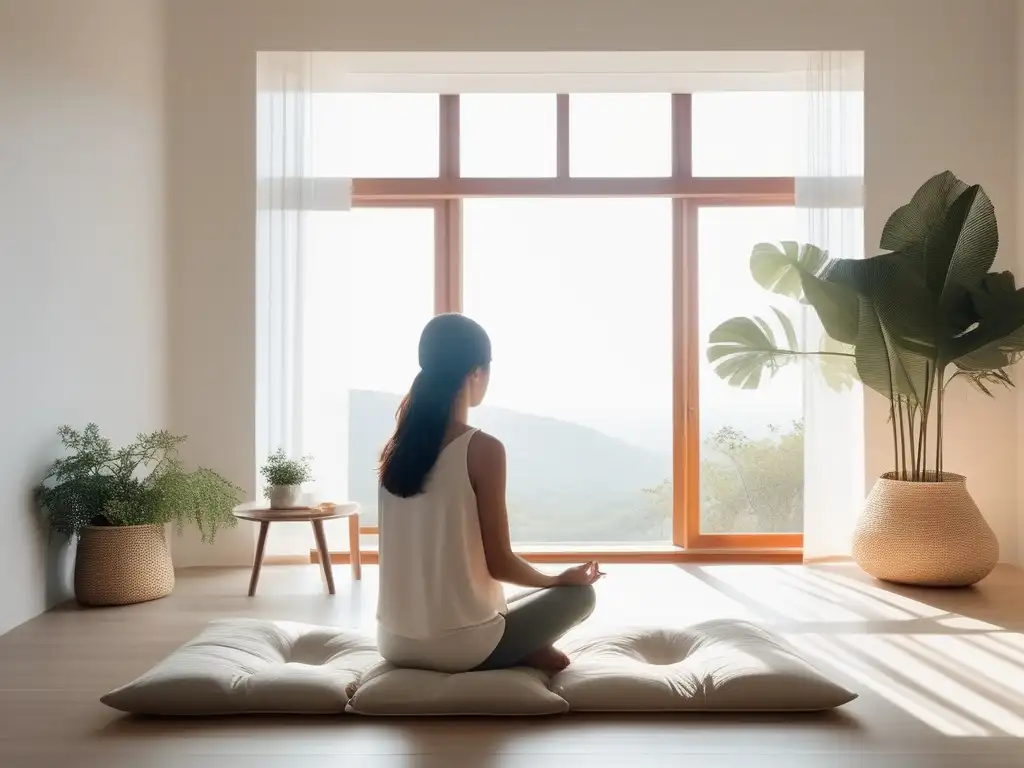 Beneficios del Mindfulness: Paz y calma en una habitación luminosa y minimalista, donde una persona en meditación encuentra serenidad