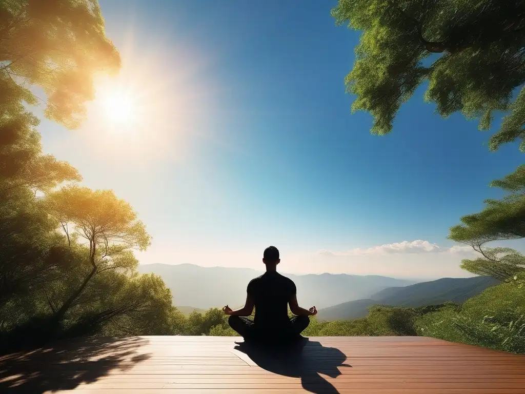 Persona meditando en la cima de una montaña, rodeada de naturaleza exuberante y cielo azul claro