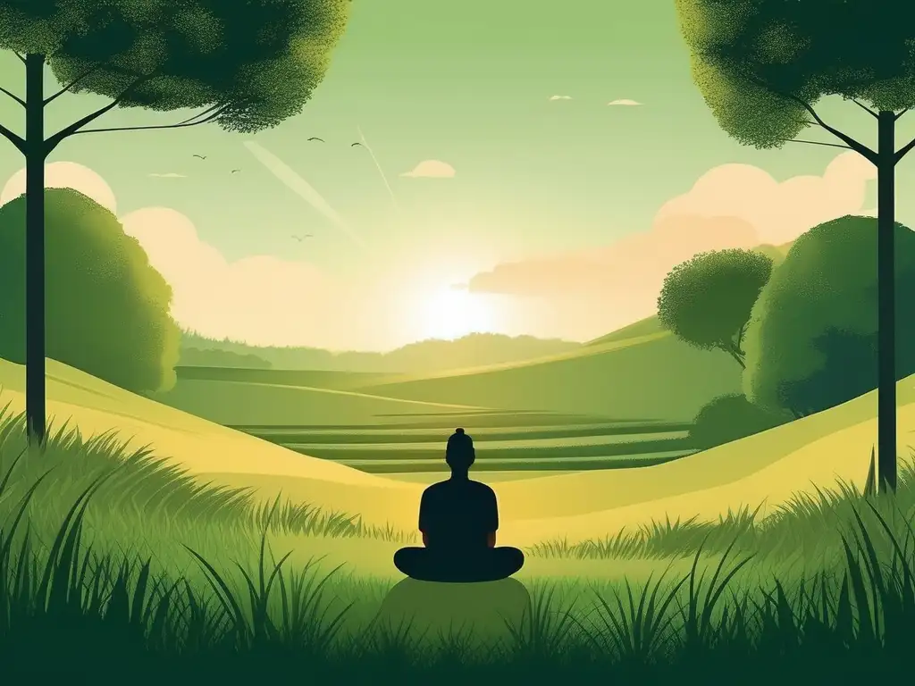 Beneficios del Mindfulness en Esquizofrenia: Persona meditando en un prado verde, rodeada de naturaleza tranquila