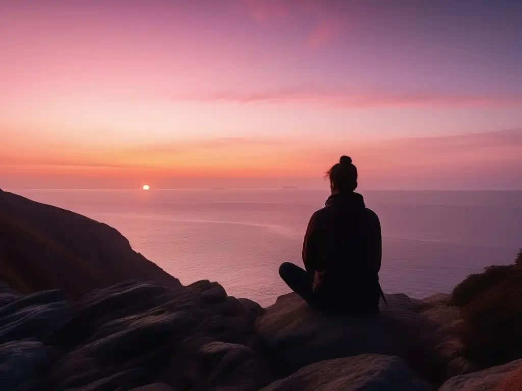 Significado bienestar emocional vida - Persona en acantilado contemplando un paisaje sereno de mar y cielo al atardecer