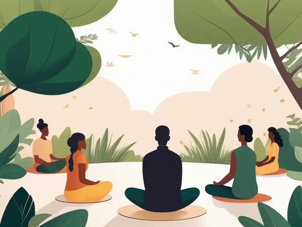 Ilustración de meditación de sonrisa interior en un jardín sereno y tranquilo