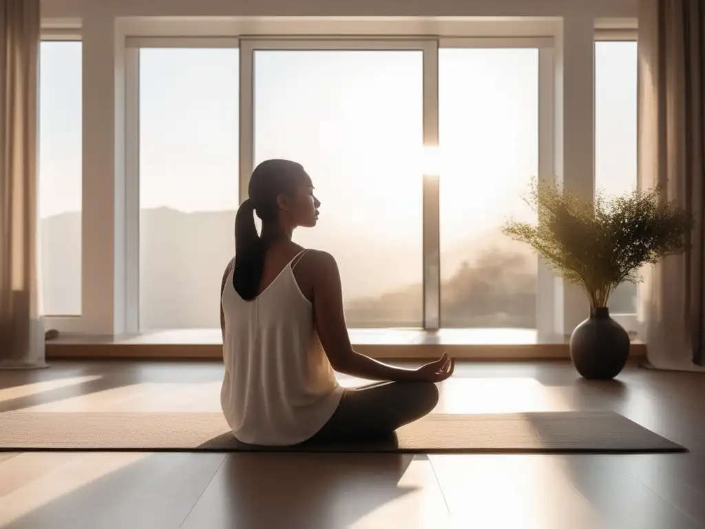 Persona meditando en una habitación luminosa y tranquila, técnica para manejar el estrés y equilibrio emocional