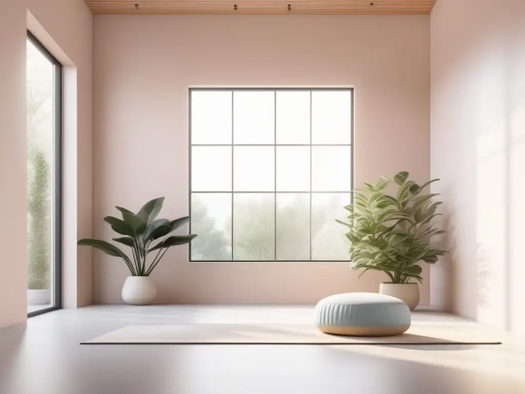 Serene meditation room with natural light, pastel walls, and a meditation cushion