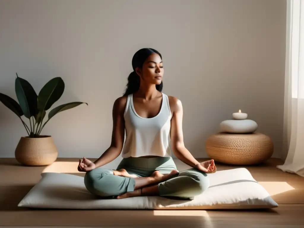 Beneficios del Mindfulness en adicciones: Persona meditando en un espacio sereno y acogedor