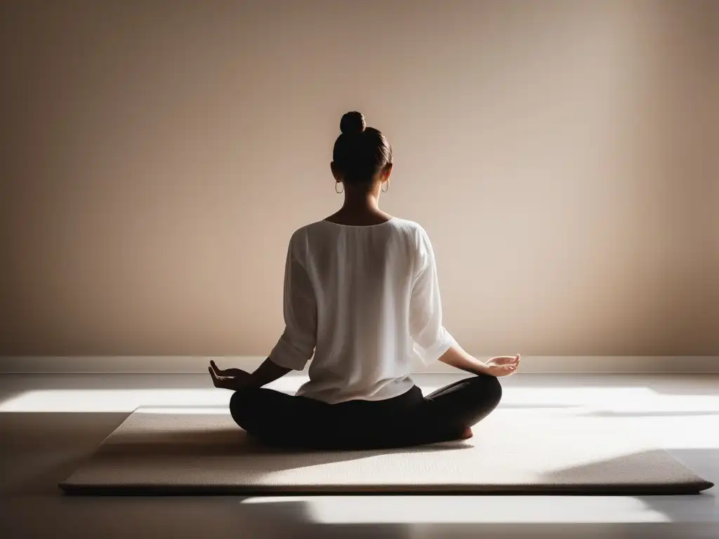 Beneficios del mindfulness en el aprendizaje: persona en postura meditativa rodeada de luz natural, ambiente minimalista y tranquilo