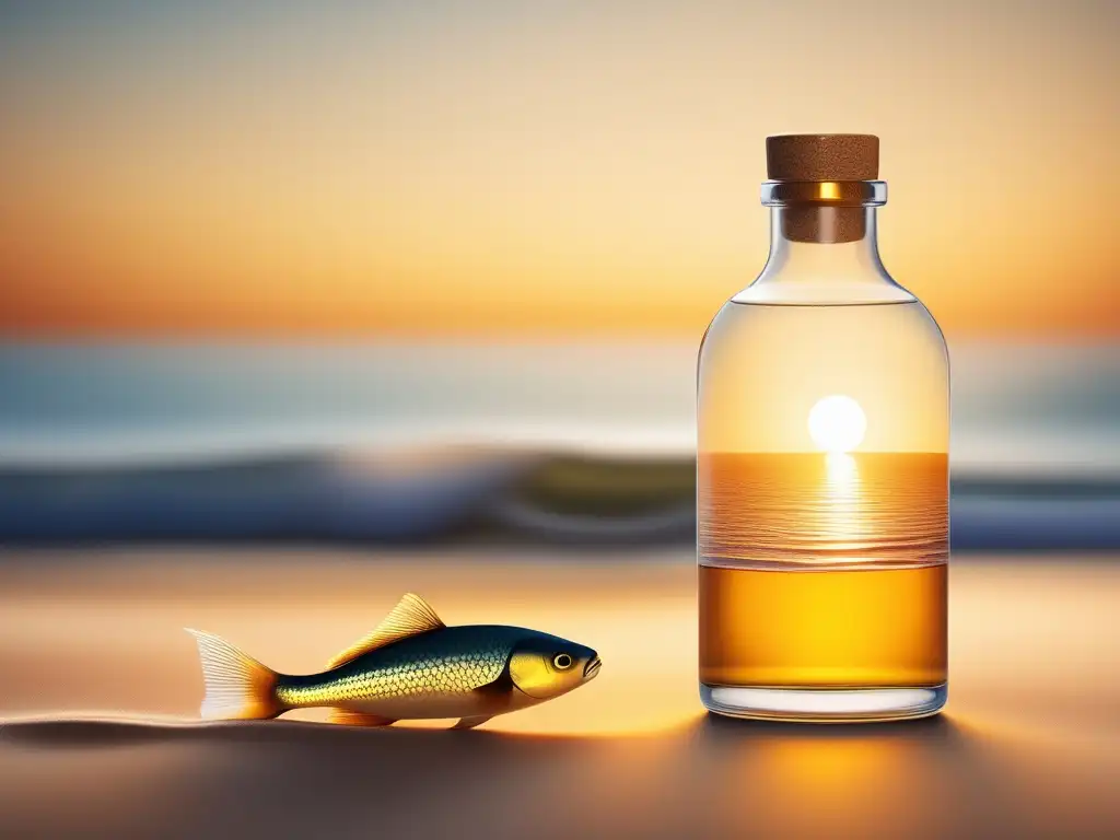 Ilustración minimalista del mar al atardecer con aceite de pescado: Beneficios del aceite de pescado en la depresión