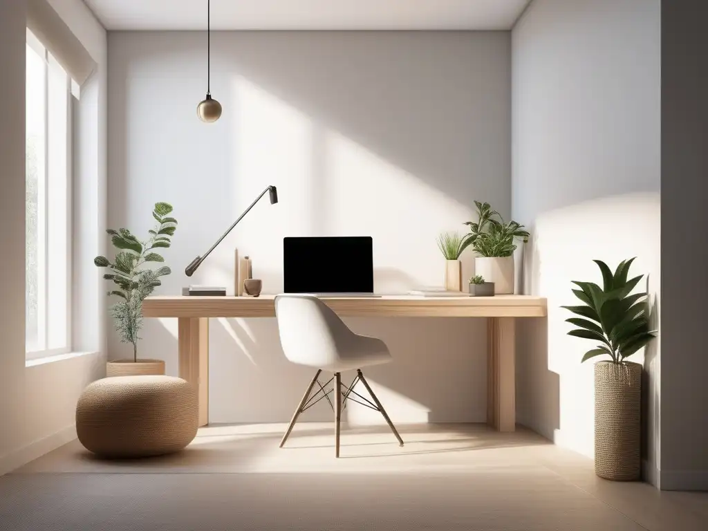 Espacio de estudio minimalista con escritorio de madera clara, laptop, libros organizados y planta en un ambiente calmado y motivador