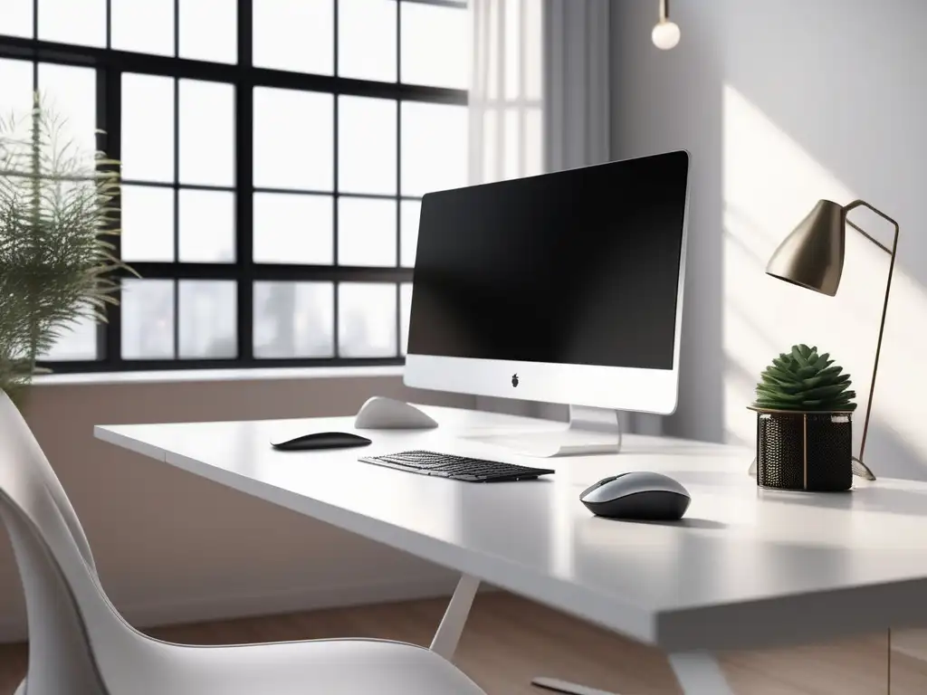 Espacio de trabajo minimalista con escritorio blanco, monitor moderno y luz natural