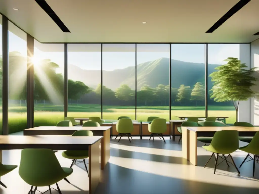 Aula serena con ventanales y vista a paisaje verde, diseño minimalista y ambiente calmado y enfocado