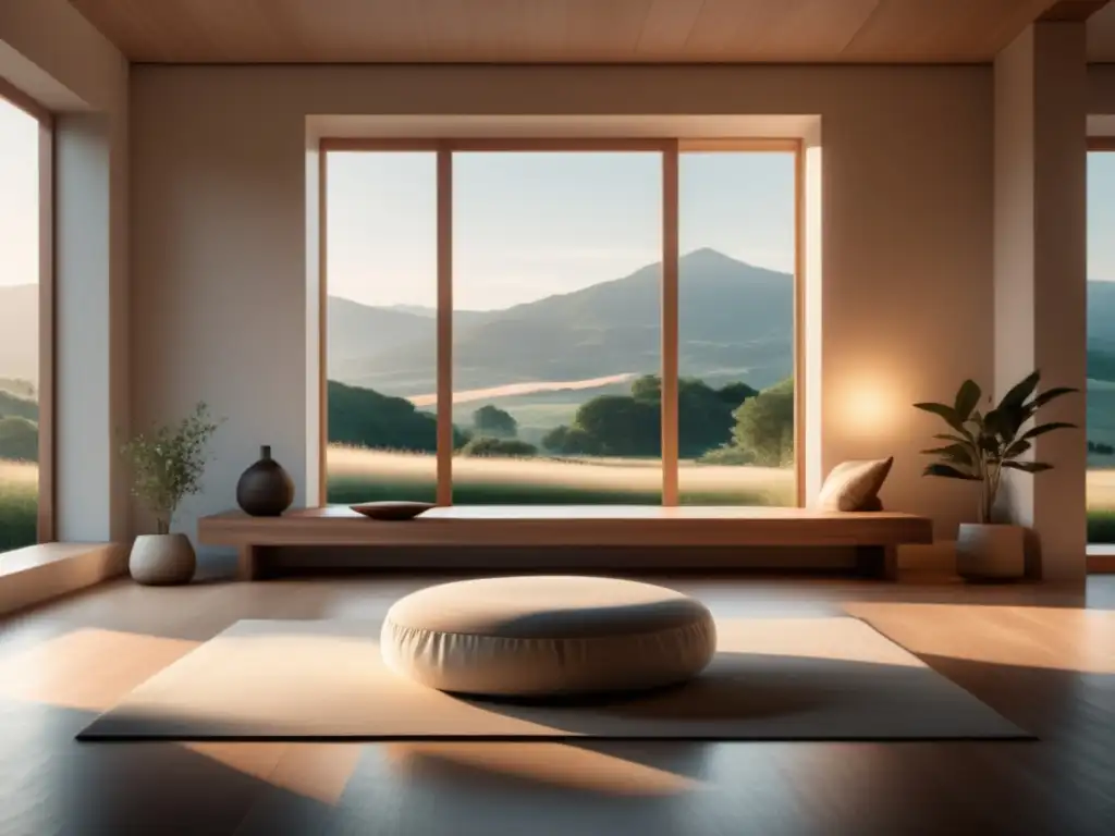 Espacio sereno con muebles minimalistas y técnica de mindfulness para el estrés