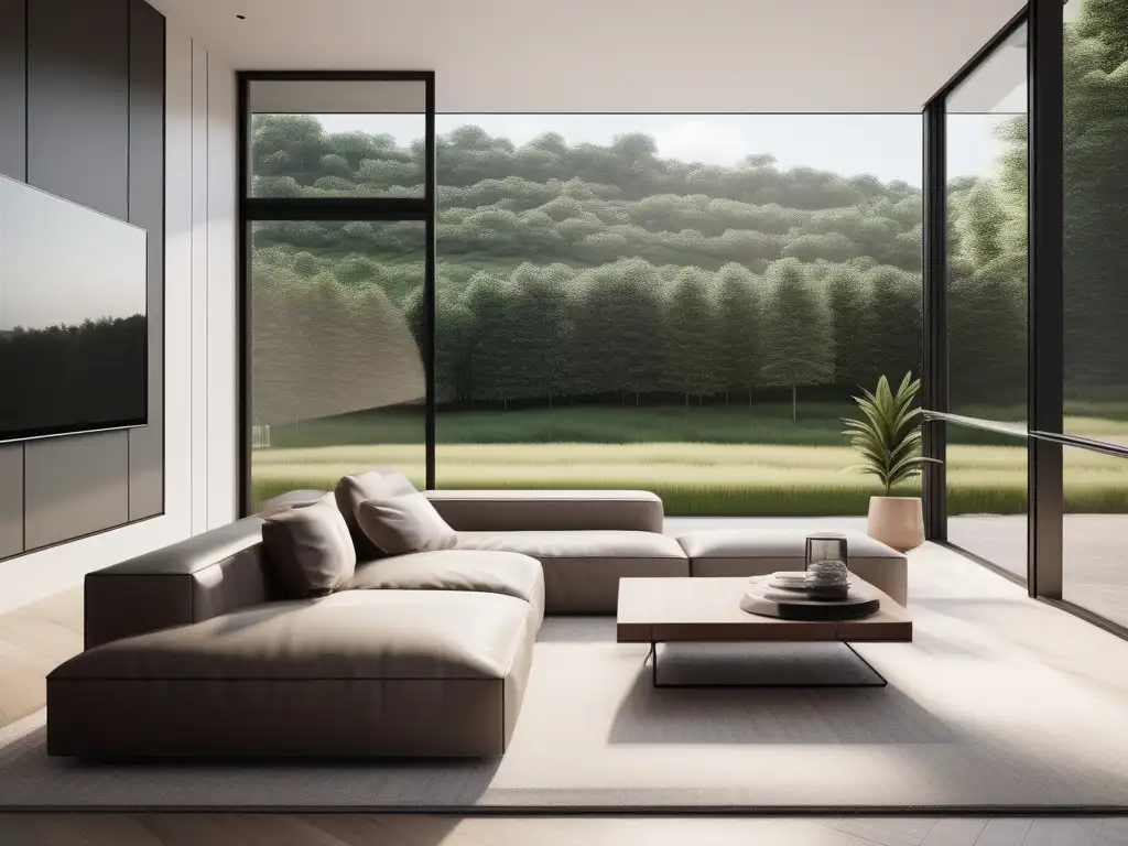 Una sala de estar minimalista con vista a un paisaje verde, muebles modernos y luz natural