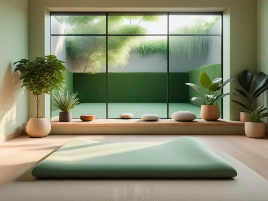 Habitación de meditación minimalista en 8k, con vista panorámica a un jardín verde y decoración relajante