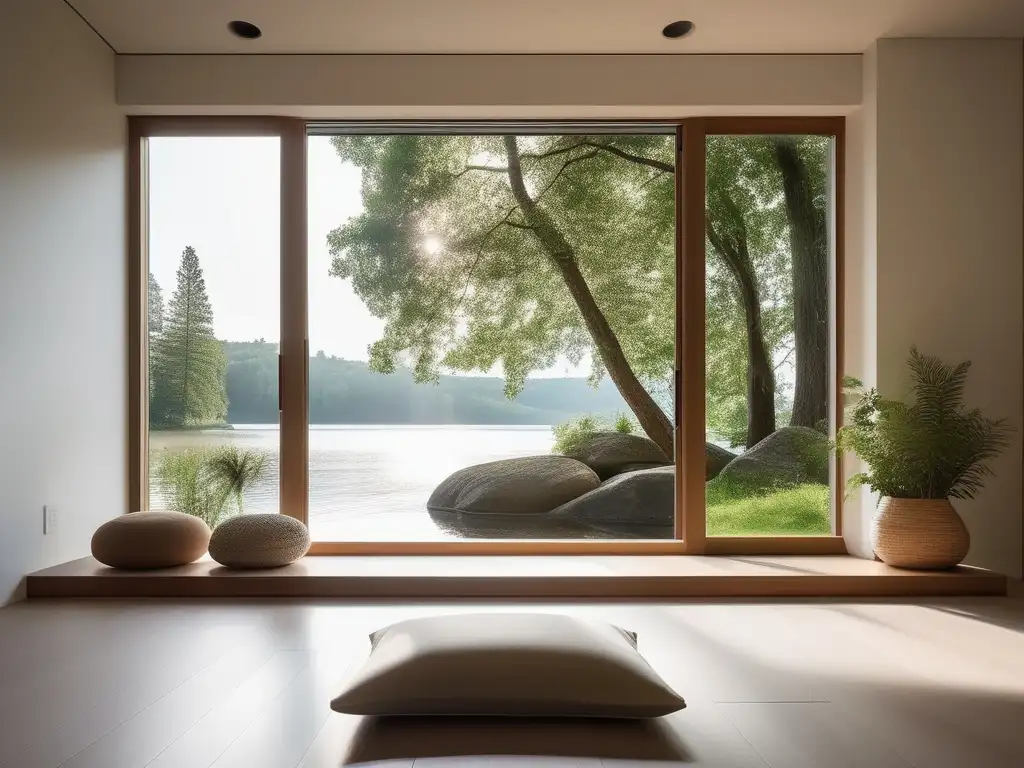 Espacio de meditación minimalista con vista al lago y elementos naturales que promueven la salud mental