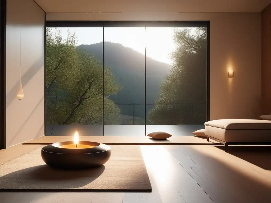 Técnicas de meditación para el equilibrio emocional en una habitación serena y minimalista con vistas a un paisaje pintoresco