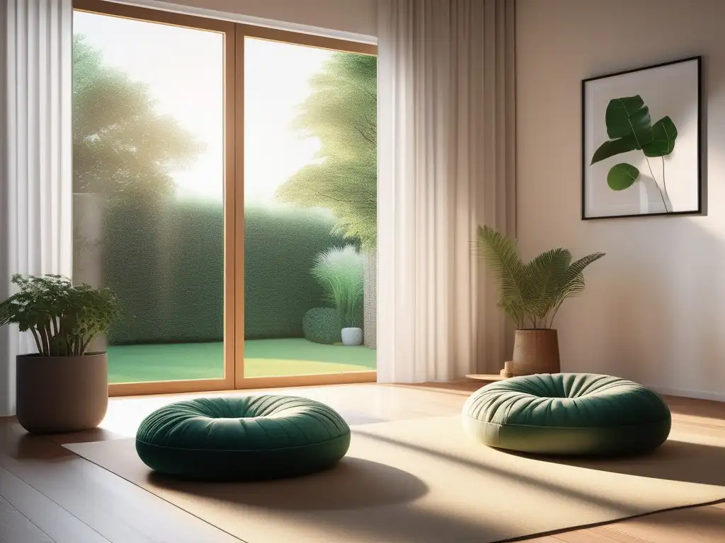 Prácticas de Mindfulness: Serenidad y tranquilidad en una habitación iluminada con vistas al jardín verde