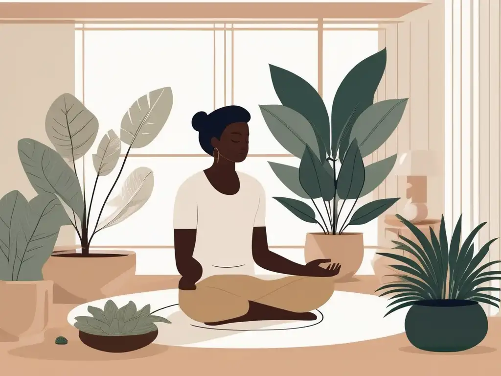 Persona meditando en una habitación serena y luminosa, rodeada de plantas y elementos naturales