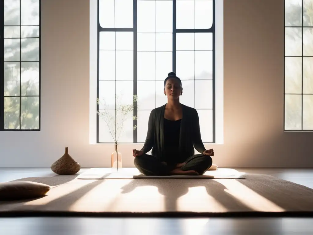 Imagen de meditación: Persona en posición de loto en una habitación iluminada, con símbolo de corazón y ambiente tranquilo