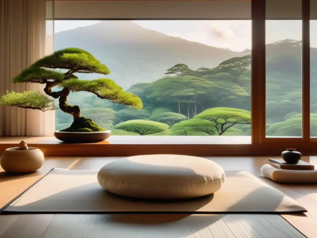 Habitación minimalista con vista panorámica a paisaje verde, perfecta para técnicas de Mindfulness