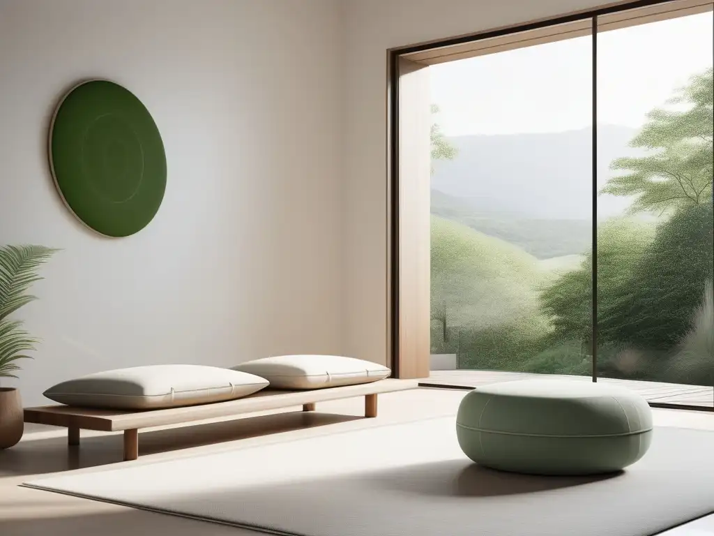 Meditación en una habitación minimalista con vista a un paisaje verde y fuente de agua, promoviendo la salud mental con medicina alternativa