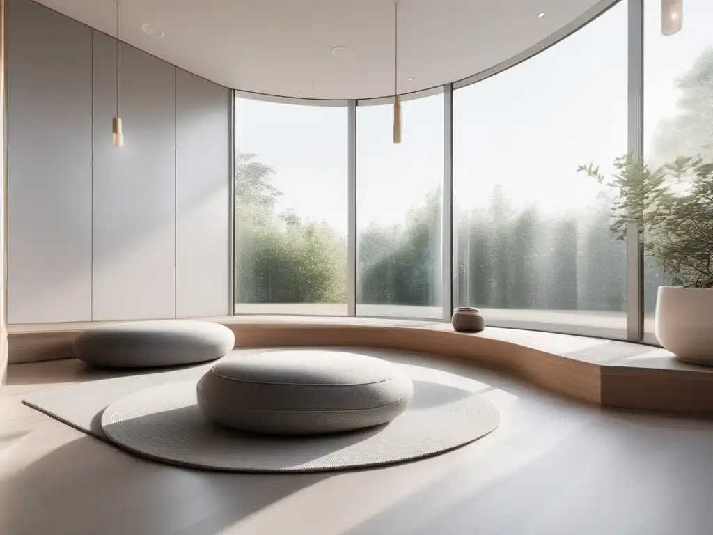 Imagen de habitación de meditación serena con diseño minimalista, luz natural, cojín de meditación blanco, plantas y pintura abstracta