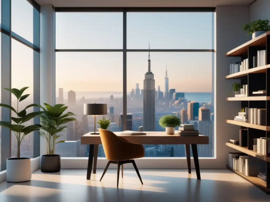 Imagen: Escena serena de una habitación luminosa con vista a la ciudad, escritorio moderno con planta y libros