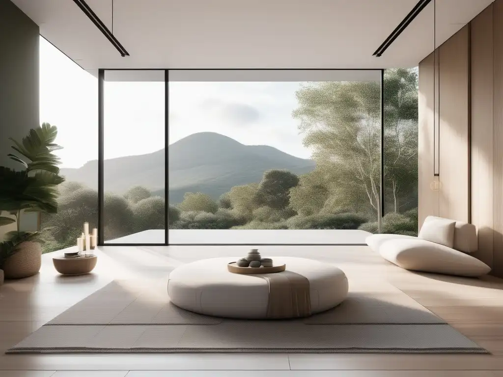 Sala de meditación minimalista con vista a la naturaleza, fomentando el equilibrio emocional pleno