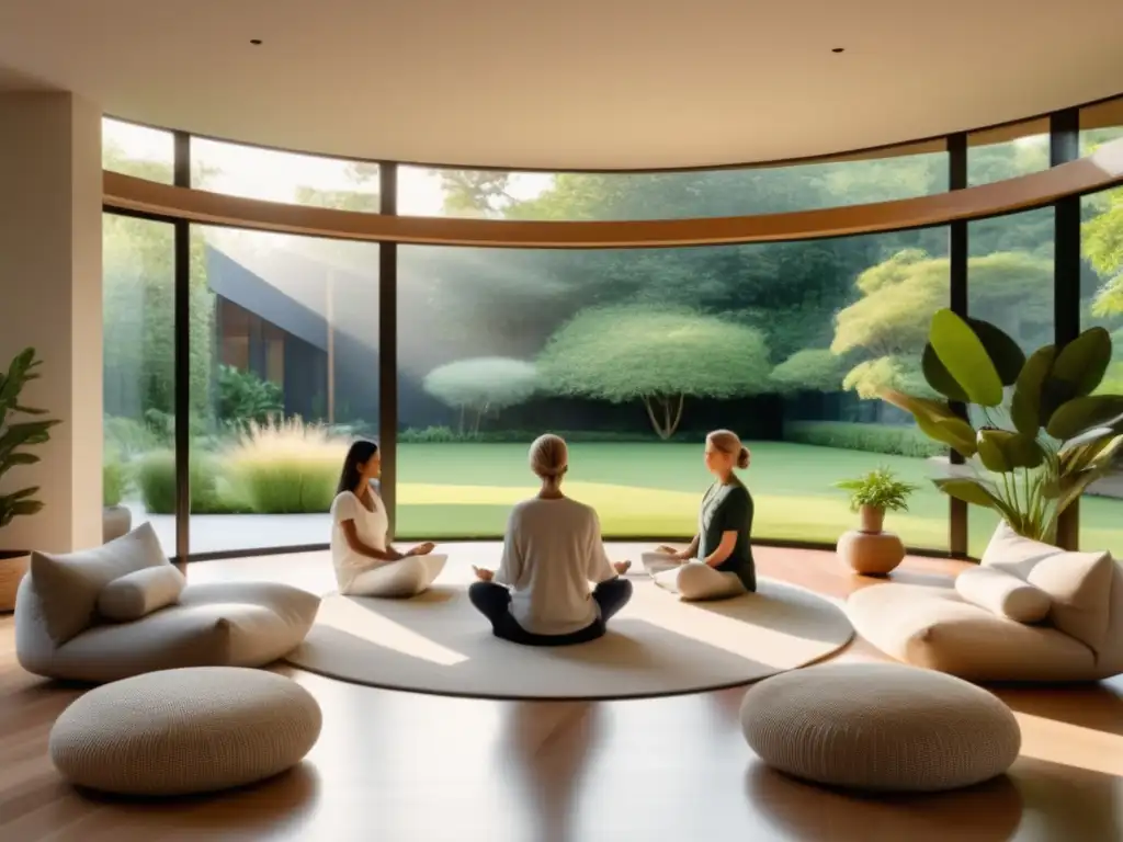 Técnicas para manejar el estrés familiar en un sereno salón con vista a un jardín y una familia meditando